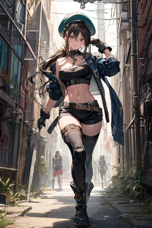 Masterpiece, best quality, Masterpiece, best quality, 1 woman , blue eyes , yellow ponytail , black leather jacket , sly face , smile , bikini , abdomen, big breasts , Long legs , glove , boots , hands on hips , abandoned factory , at night