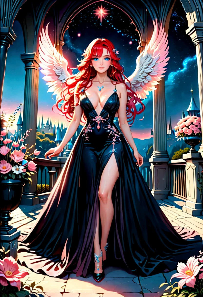 Arafed, a picture of a female angel in high society prom event, divine beautiful feminine angel, (red hair: 1.4), long hair, flowing hair, the hair glows in a soft light, cerulean eyes, deep light eyes, divine feminine face, she wears a ((pink and black evening dress: 1.5)), elegant, intricate detailed dress, silk dress, small cleavage,  dress is decorated with flowers,  she wears elegant knee high heeled boots, exquisite knee high heeled boots, she stands on the porch of a fantasy castle, dynamic angle, soft torch light, (Masterpiece: 1.5), 16k, highres, best quality, high details, ultra detailed, masterpiece, best quality, (extremely detailed), AngelStyle, GlowingRunesAI_paleblue, angel_wings, Angel, flower dress