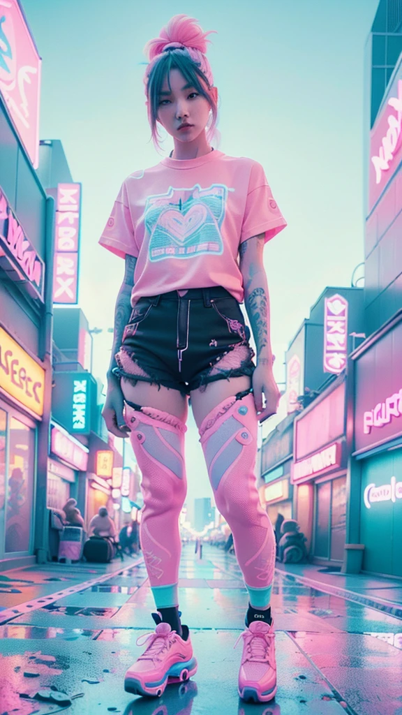 arafed woman in black shirt and pink roller skateboard on street, neon pastel, pastel neon, neon pastel colors, rollerskates, pink and blue neon, pastel neon colors, vibrant neon pastel, neon vibes, pastel pink neon, neon style, rollerblading, pink white turquoise, pastel vibe, high shoes, rollerskaters, roller skating, cool style