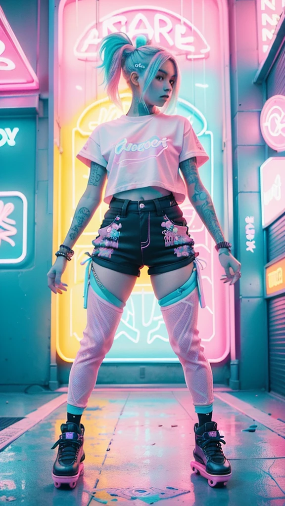arafed woman in black shirt and pink roller skateboard on street, neon pastel, pastel neon, neon pastel colors, rollerskates, pink and blue neon, pastel neon colors, vibrant neon pastel, neon vibes, pastel pink neon, neon style, rollerblading, pink white turquoise, pastel vibe, high shoes, rollerskaters, roller skating, cool style