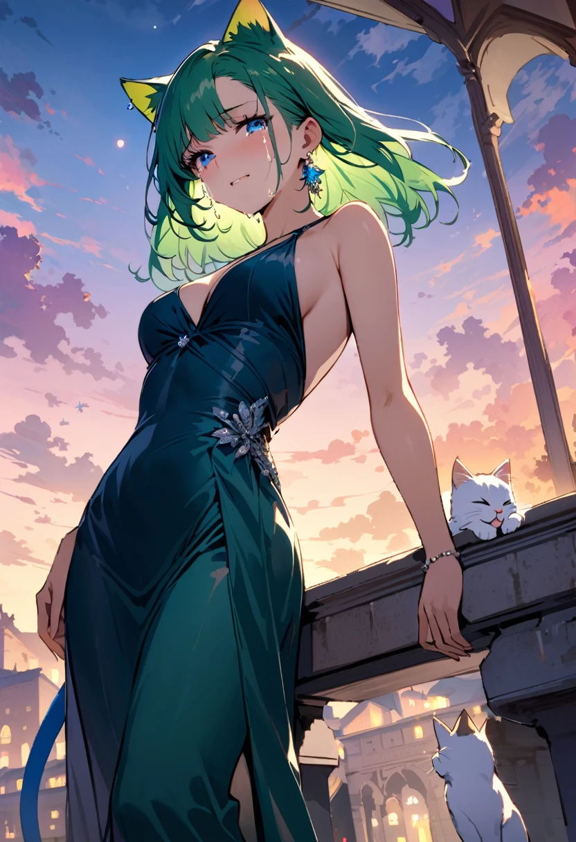 masterpiece, Highest quality, Illustrations for novels, High resolution, 18+ Adult content, Sensual, Intimate, Emotional, Passionate, romantic, sweet, Adorable, Innocent, Pure, Enchanting, Enchantingな, attractive, mysterious, Enchantingな, Enchanting, Immersive, Enchantingな, dream-like, Surreal, Imaginative, Whimsical, Artistic, Avant-garde, timeless, elegant, Sophisticated, chic, Sophisticated, Individuality, original, Enchantingな,One girl,Deltamon_beta, alone, blue eyes, Knee socks, Animal ears, Bare shoulders, Blue Tail, Earrings,Removable sleeves, Green Hair, No sleeve, Cat ear, bag, white Knee socks, Cat's Tail,pink backpack,Pink school bag,Lavender lace: Lavender Peter Pan collar lace dress, Paired with ivory tights and Mary Jane shoes.,Cherry-blossom viewing, azalea, satsuki, azalea blizzard,
rest ((Avoidance method ((kitten)), Crying face)),((Evening Dress,evening dress,Evening Dresses:1.3))、Upper Body