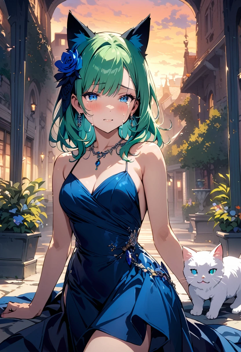 masterpiece, Highest quality, Illustrations for novels, High resolution, 18+ Adult content, Sensual, Intimate, Emotional, Passionate, romantic, sweet, Adorable, Innocent, Pure, Enchanting, Enchantingな, attractive, mysterious, Enchantingな, Enchanting, Immersive, Enchantingな, dream-like, Surreal, Imaginative, Whimsical, Artistic, Avant-garde, timeless, elegant, Sophisticated, chic, Sophisticated, Individuality, original, Enchantingな,One girl,Deltamon_beta, alone, blue eyes, Knee socks, Animal ears, Bare shoulders, Blue Tail, Earrings,Removable sleeves, Green Hair, No sleeve, Cat ear, bag, white Knee socks, Cat's Tail,pink backpack,Pink school bag,Lavender lace: Lavender Peter Pan collar lace dress, Paired with ivory tights and Mary Jane shoes.,Cherry-blossom viewing, azalea, satsuki, azalea blizzard,
rest ((Avoidance method ((kitten)), Evening Dress,evening dress,Evening Dresses:1.3))、Upper Body