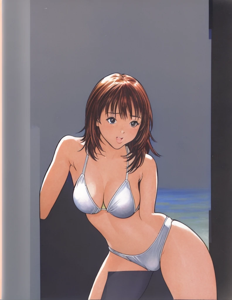 Iori is standing in a bikini with her legs spread to the sides, blushing and her mouth open.。This is the angle looking up from below。