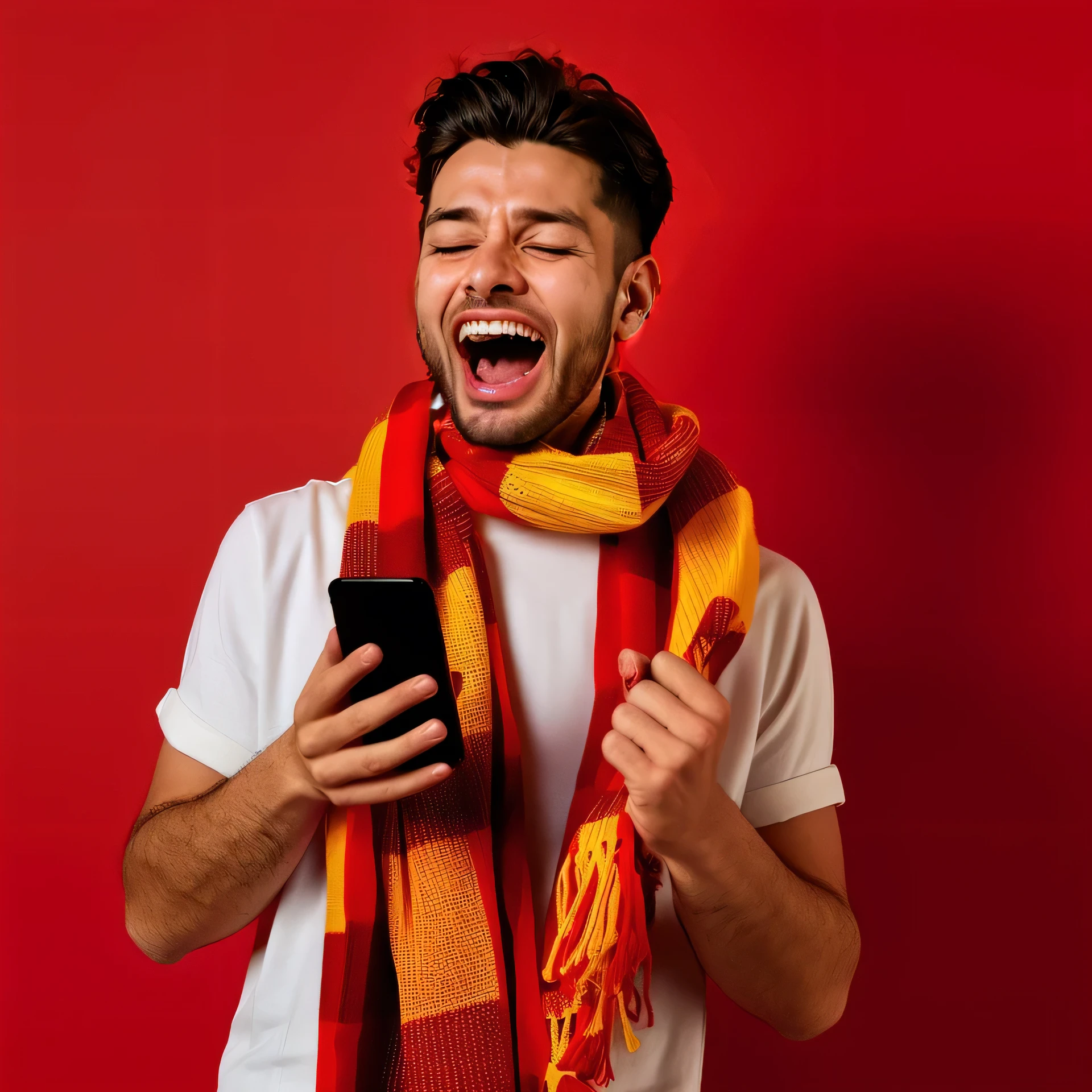 guy with Spanish appearance, with a very emotional expression on his face, screams with happiness and delight