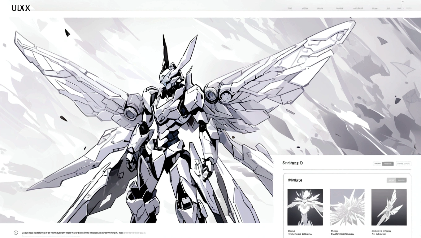white hero page ui ux theme website, white and blue (mostly white) theme, robotic wings black and white silhouette