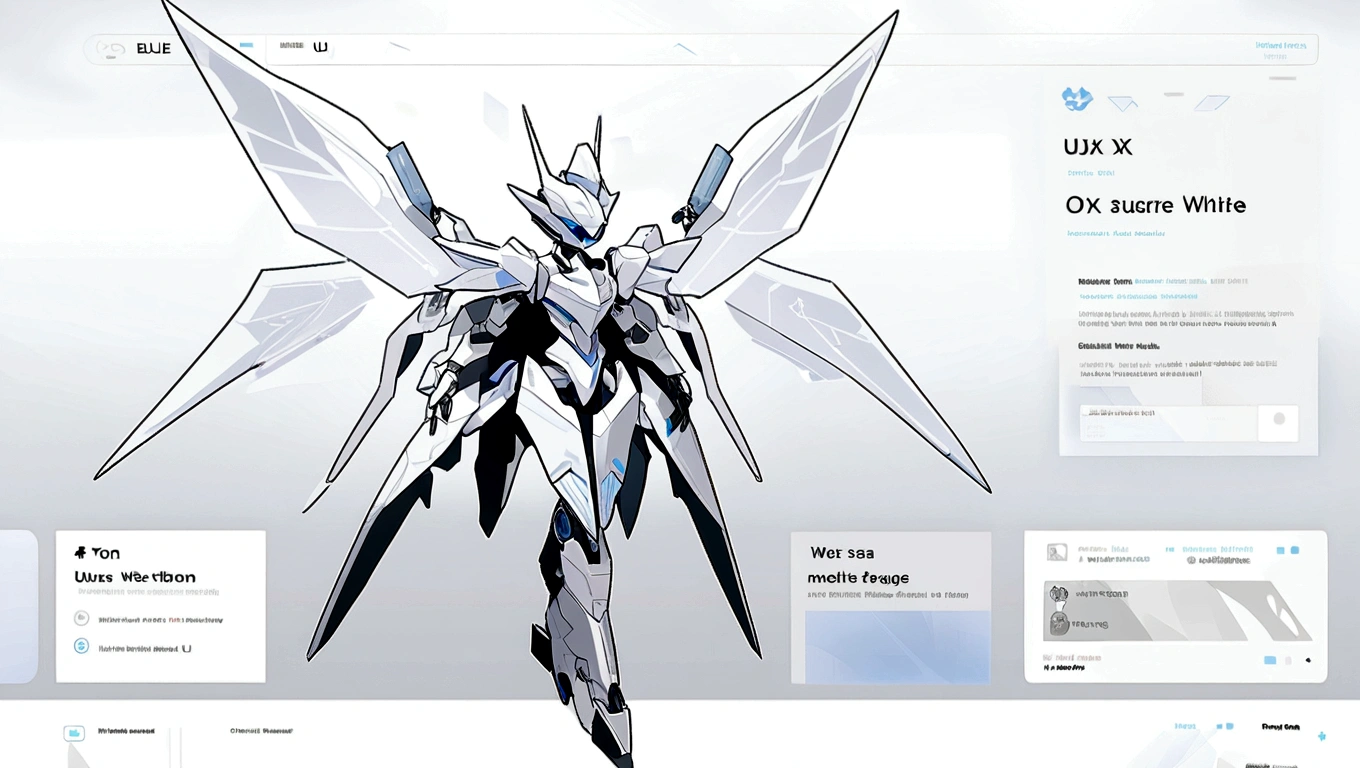 white hero page ui ux theme website, white and blue (mostly white) theme, robotic wings black and white silhouette