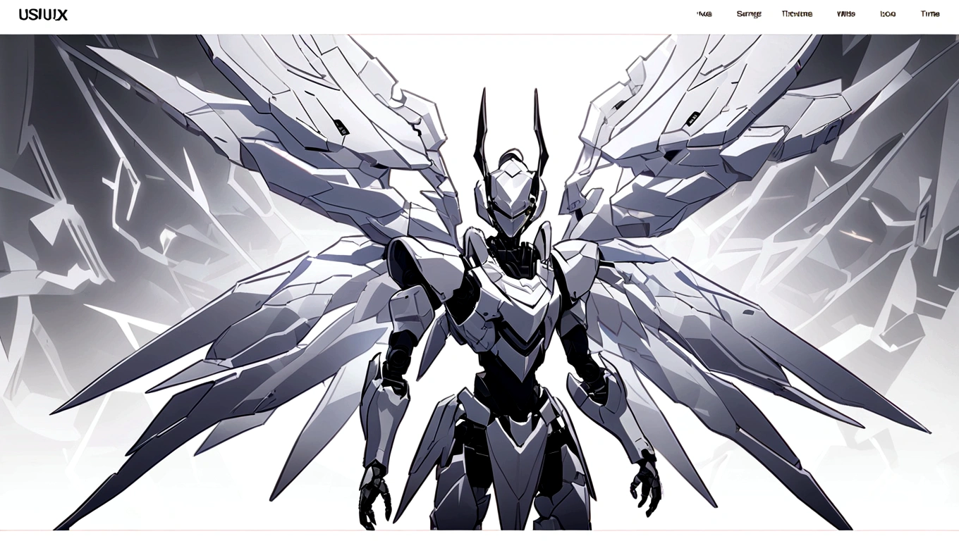 white hero page ui ux theme website, white and blue (mostly white) theme, robotic wings black and white silhouette