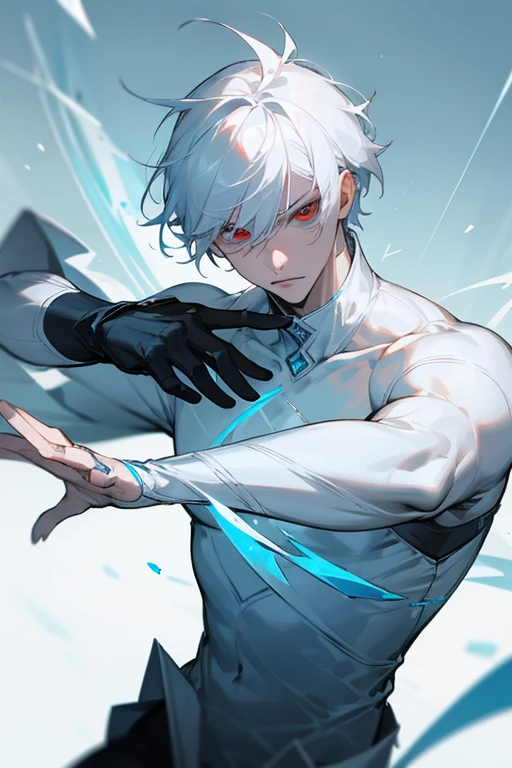 male、White Hair、Short Hair、Red Eye、Cold-blooded man、Handsome、Cold Face、Well-formed face、ice skating、dynamic、beautiful、Icy、whole body、