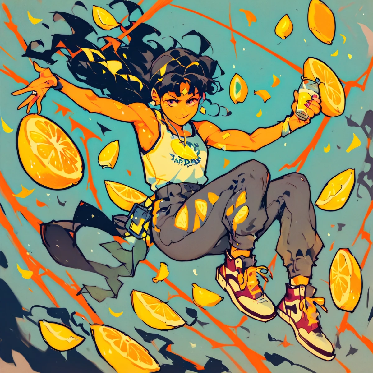 1girl, posing, micro bangs hair, style based on lemon, lemons floating in the air, score_9, score_8_up, score_7_up, score_6_up, score_5_up, score_4_up, rating_sfw, rating_acceptable, anime dark theme, low light, (Masterpiece:1.3) (best quality:1.2) (high quality:1.1), sfw
