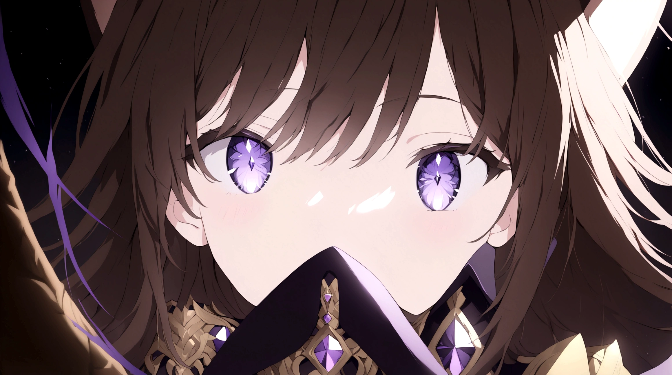 (1girl, Masterpiece, best quality) (detailed and beautiful eyes:1.6) (perfect hands, perfect anatomy) A young female character with long, brown hair featuring streaks, styled in loose waves. She has striking (purple eyes and a confident, slightly defiant expression). She has distinctive (brown cat-like ears, with brown tail. She wears a black and dark purple form-fitting top fantasy adventurer warrior adorned with gold and red accents, including intricate patterns. Over this, she has a dark-purple cloak covering with gold detailing. Accessories include a fiolet gemstone necklace and a belt with gold ornaments. She has a brown belt with dark fiolet accents cinched around her waist and (wears brown pants) with armored greaves.