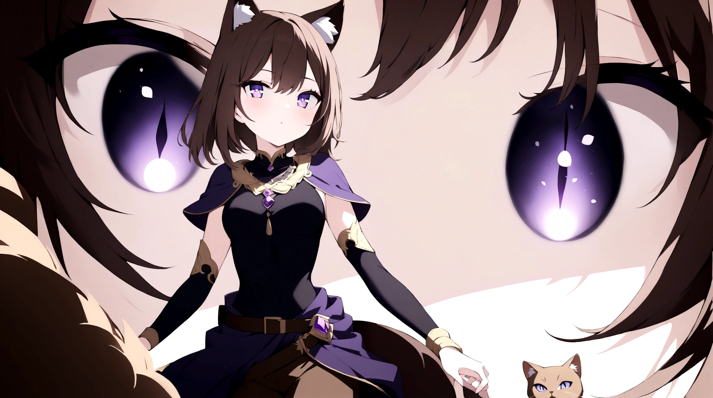 (1girl, Masterpiece, best quality) (detailed and beautiful eyes:1.6) (perfect hands, perfect anatomy) A young female character with long, brown hair featuring streaks, styled in loose waves. She has striking (purple eyes and a confident, slightly defiant expression). She has distinctive (brown cat-like ears, with brown tail. She wears a black and dark purple form-fitting top fantasy adventurer warrior adorned with gold and red accents, including intricate patterns. Over this, she has a dark-purple cloak covering with gold detailing. Accessories include a fiolet gemstone necklace and a belt with gold ornaments. She has a brown belt with dark fiolet accents cinched around her waist and (wears brown pants) with armored greaves.