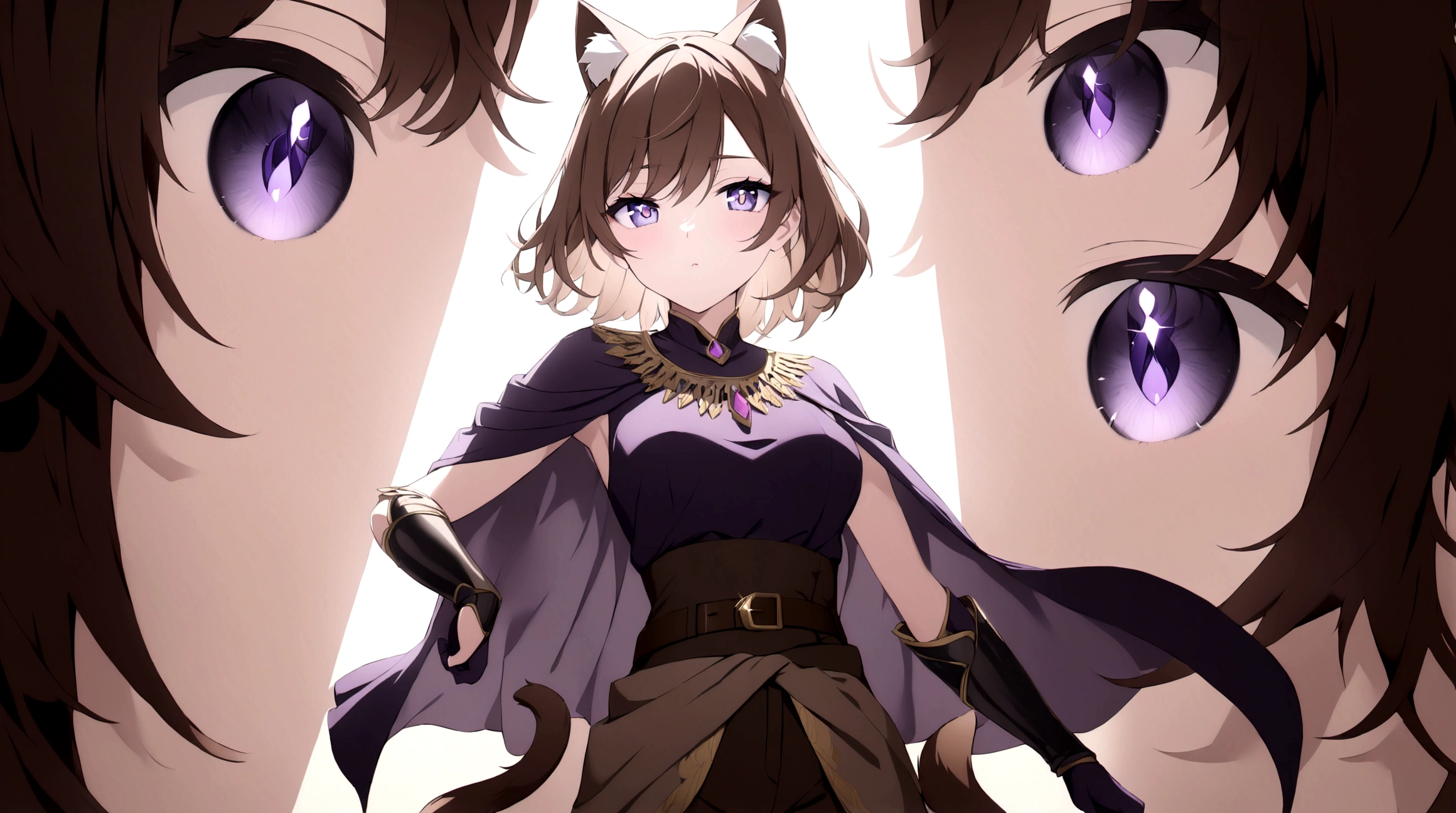 (1girl, Masterpiece, best quality) (detailed and beautiful eyes:1.6) (perfect hands, perfect anatomy) A young female character with long, brown hair featuring streaks, styled in loose waves. She has striking (purple eyes and a confident, slightly defiant expression). She has distinctive (brown cat-like ears, with brown tail. She wears a black and dark purple form-fitting top fantasy adventurer warrior adorned with gold and red accents, including intricate patterns. Over this, she has a dark-purple cloak covering with gold detailing. Accessories include a fiolet gemstone necklace and a belt with gold ornaments. She has a brown belt with dark fiolet accents cinched around her waist and (wears brown pants) with armored greaves.