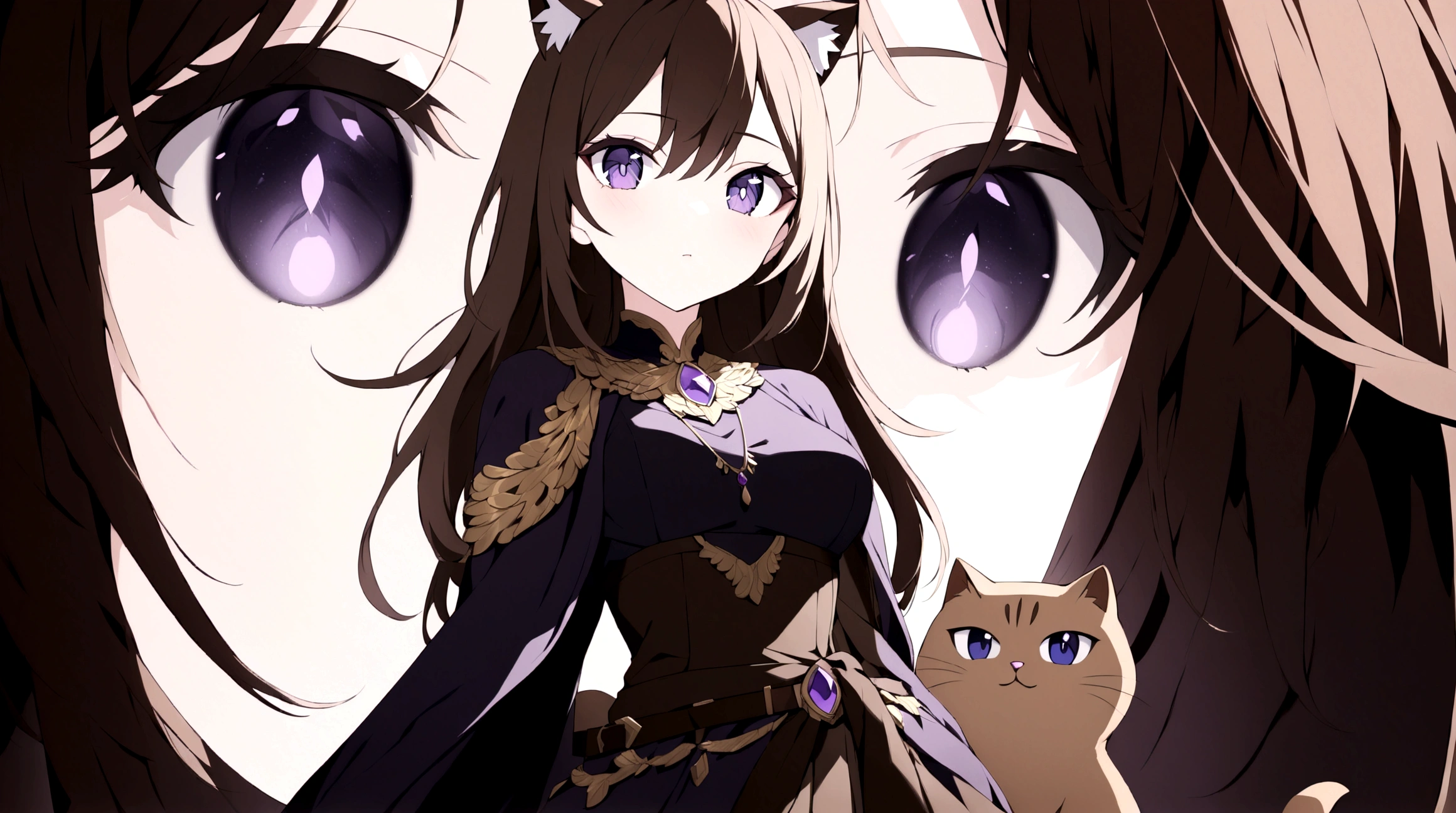 (1girl, Masterpiece, best quality) (detailed and beautiful eyes:1.6) (perfect hands, perfect anatomy) A young female character with long, brown hair featuring streaks, styled in loose waves. She has striking (purple eyes and a confident, slightly defiant expression). She has distinctive (brown cat-like ears, with brown tail. She wears a black and dark purple form-fitting top fantasy adventurer warrior adorned with gold and red accents, including intricate patterns. Over this, she has a dark-purple cloak covering with gold detailing. Accessories include a fiolet gemstone necklace and a belt with gold ornaments. She has a brown belt with dark fiolet accents cinched around her waist and (wears brown pants) with armored greaves.
