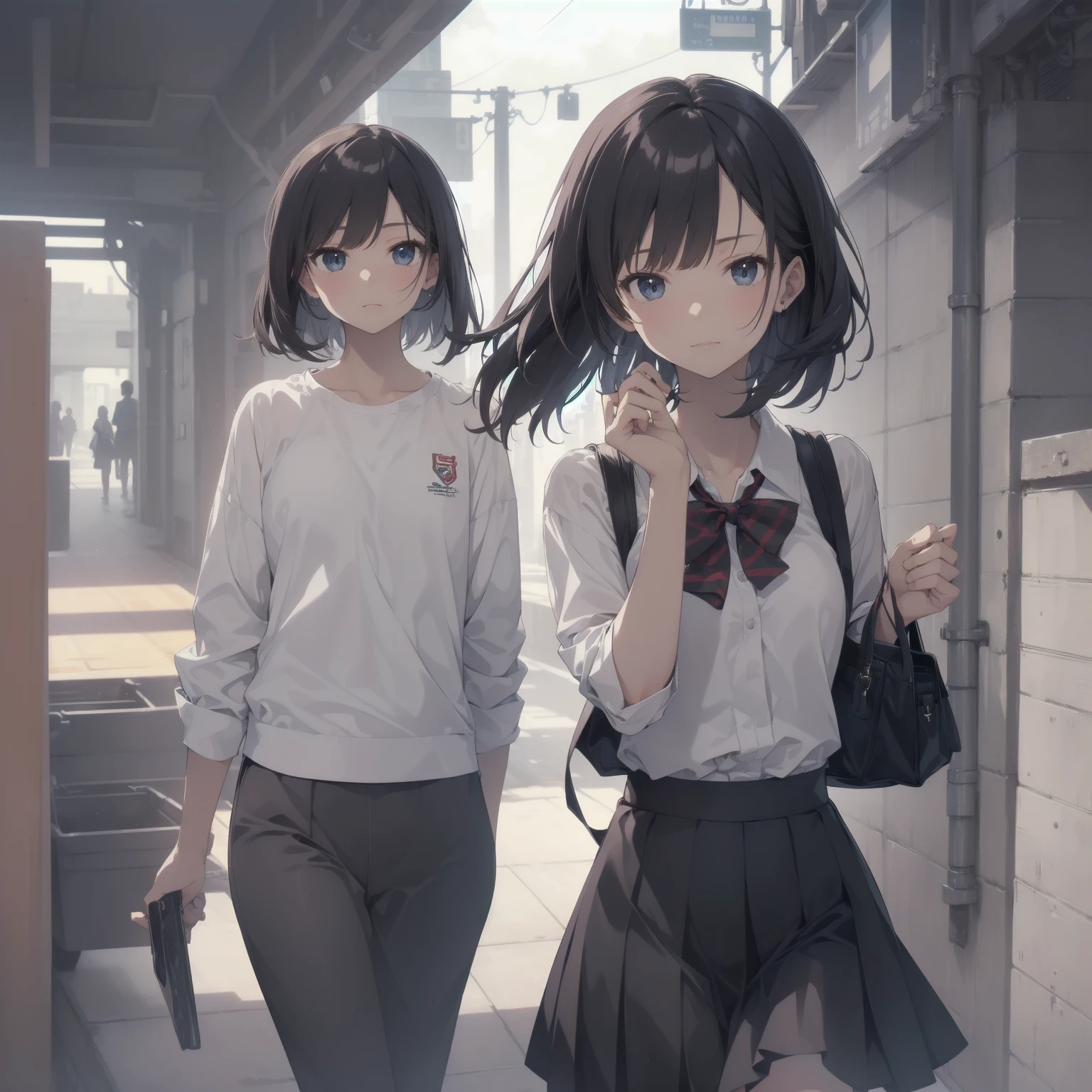 ultra-absurdres-Top quality by artist God, ultra-detailed, high resolution, anime moe artstyle, best anime 8k konachan wallpaper, pixiv contest winner, pool:2810, perfect ???????,break, 1girl, (Please draw a girl walking sleepily to school alone. )break,(Solo,little female, 13-year-old:1.3),Full limbs, complete fingers,a junior high school student, (very short hair), short cut, flat chest, , small butt, small black eyes, beautiful detailed eyes, well-proportioned iris and pupils, expressive eyes, highres detailed hair, soft expression, salor school_uniform, sailor collar, serahuku, bow, pleated skirt,(Detailed Lighting), (Detailed background), in the School commute route. break,super detailed skin, Best cinematic lighting powered by famous artist, 8k,beauty illustration,photoshop_(medium),very aesthetic,break,((artist:takafumi )), artist:clamp ,artist:carnelian ,artist:kantoku ,
