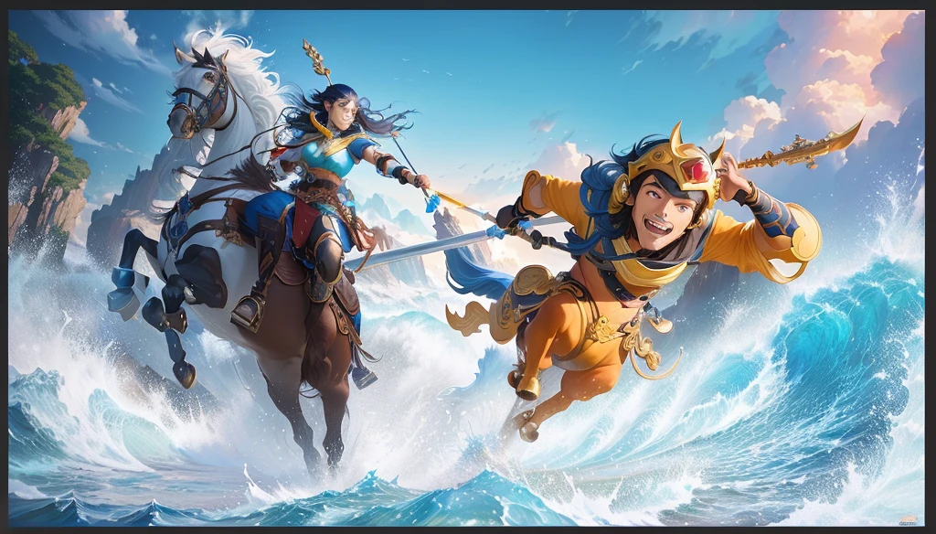 Cartoon characters riding horses in the ocean with sky background, Artgerm and Atey Ghailan, Journey to the West, sun wukong, Disney Ink Art, Ross Tran 和 Bayard Wu, Krenz Kushat and Lin Wenjun, Ross Tran and Michael Whelan, Liu Xingchi and artgerm, 2. 5D CGI anime fantasy artwork