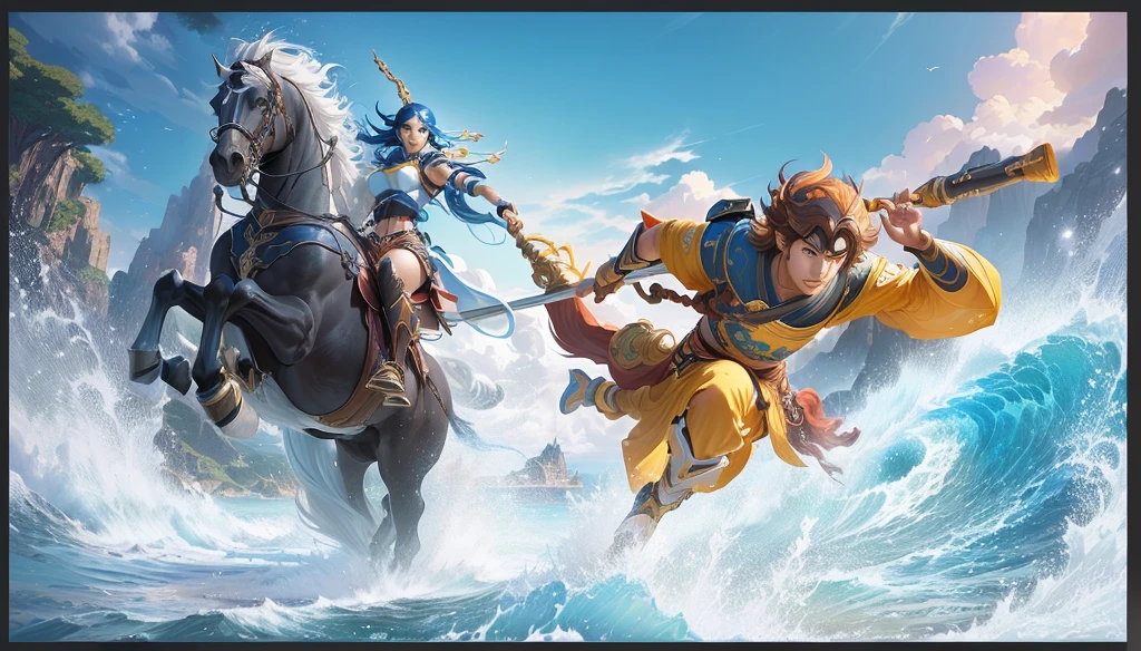 Cartoon characters riding horses in the ocean with sky background, Artgerm and Atey Ghailan, Journey to the West, sun wukong, Disney Ink Art, Ross Tran 和 Bayard Wu, Krenz Kushat and Lin Wenjun, Ross Tran and Michael Whelan, Liu Xingchi and artgerm, 2. 5D CGI anime fantasy artwork