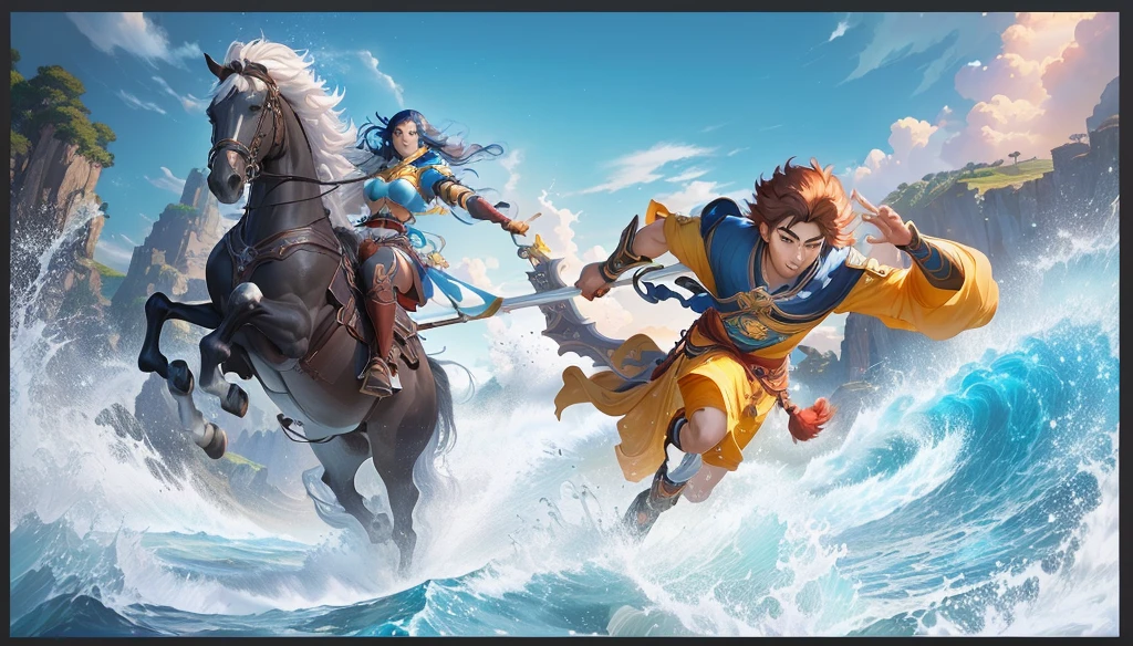 Cartoon characters riding horses in the ocean with sky background, Artgerm and Atey Ghailan, Journey to the West, sun wukong, Disney Ink Art, Ross Tran 和 Bayard Wu, Krenz Kushat and Lin Wenjun, Ross Tran and Michael Whelan, Liu Xingchi and artgerm, 2. 5D CGI anime fantasy artwork