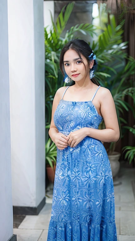 a woman in a blue dress standing in front of a white wall, idian dress, inspired by I Ketut Soki, batik, traditional dress, traditional beauty, traditional, blue colored traditional wear, traditional clothes, by I Ketut Soki, very beautiful enga style, traditional clothing, bautiful, inspired by Sasha Putrya, sarong
