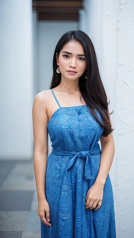 a woman in a blue dress standing in front of a white wall, a portrait inspired by I Ketut Soki, instagram, hurufiyya, idian dress, batik, traditional dress, traditional beauty, traditional, blue colored traditional wear, traditional clothes, very beautiful enga style, traditional clothing, bautiful, sarong, style of ade santora