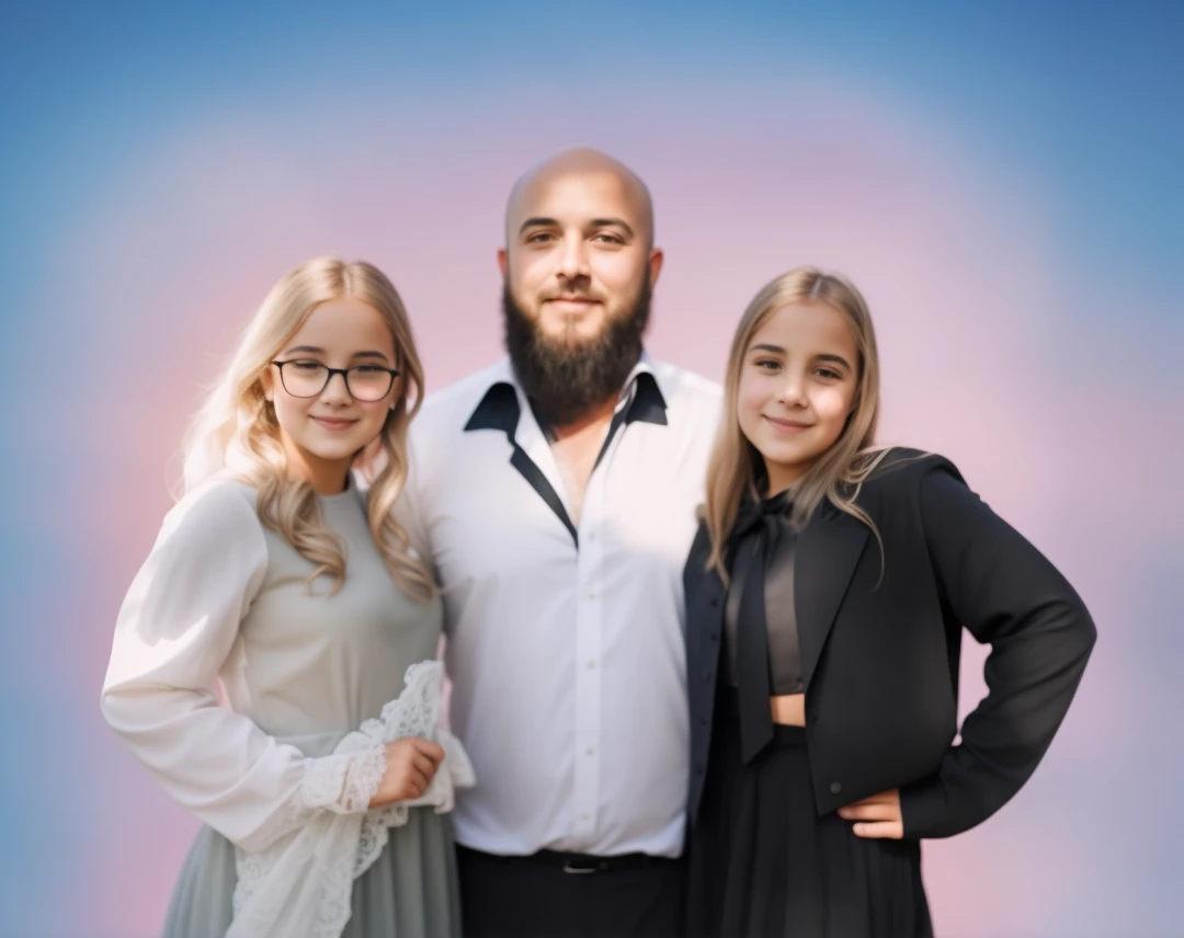 very beautiful photo of a dad in a bald shirt and two daughters in very beautiful dresses , The best photo 