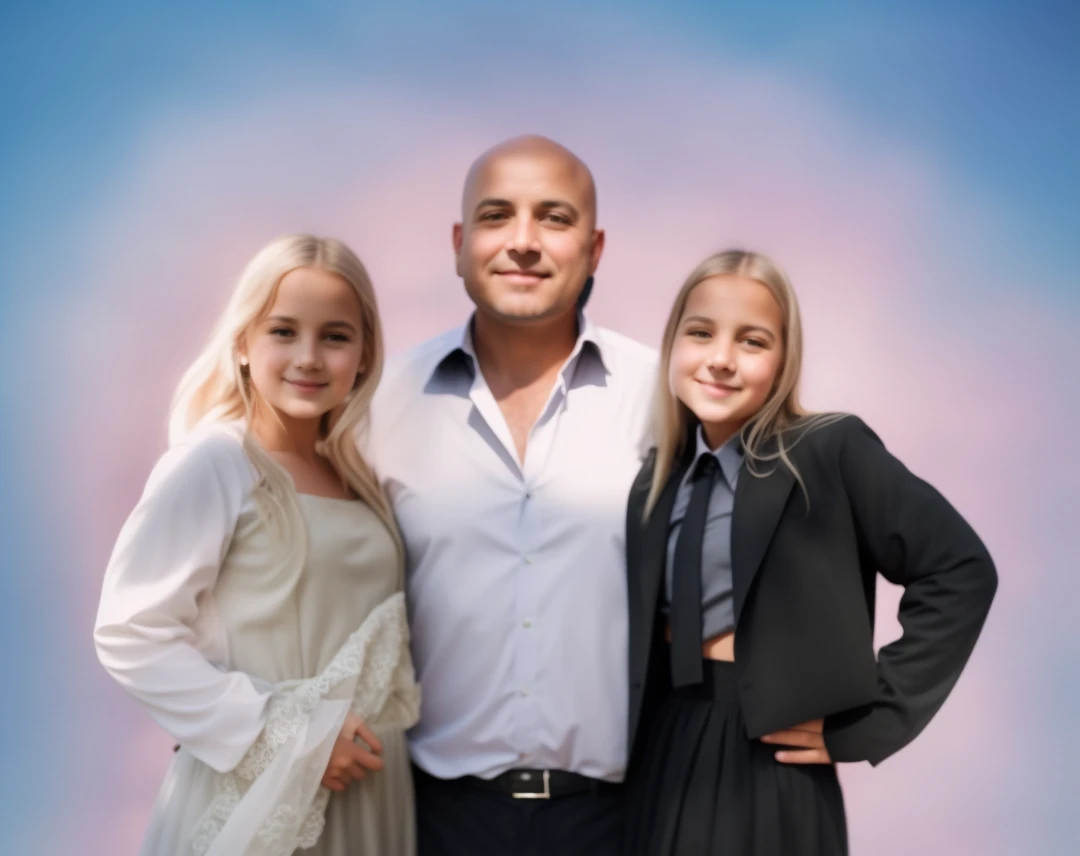 very beautiful photo of a dad in a bald shirt and two daughters in very beautiful dresses , The best photo 