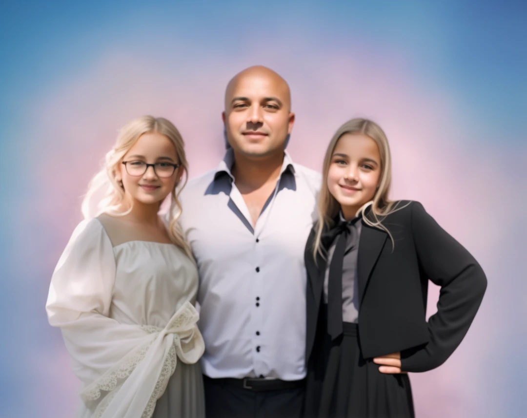 very beautiful photo of a dad in a bald shirt and two daughters in very beautiful dresses , The best photo