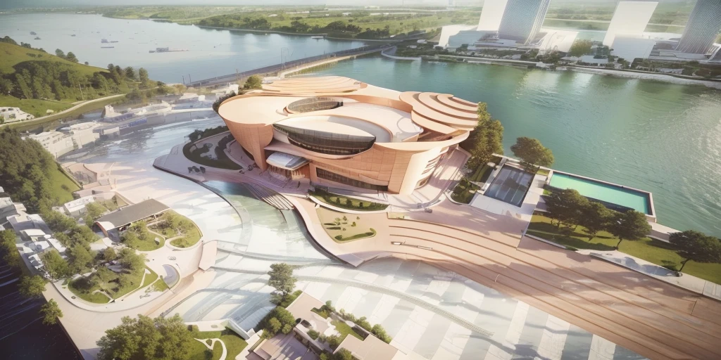 Rendering of a building with a circular roof,A river in the background, Photos from 2022, by Zha Shibiao, Wide Angle Exterior 2022, Architectural Rendering, The above points, Award-winning rendering, Digital Rendering, Architectural Rendering, inspired by Zha Shibiao, Artistic Impression, Artistic Interpretation, Artistic Rendering, Watch from above