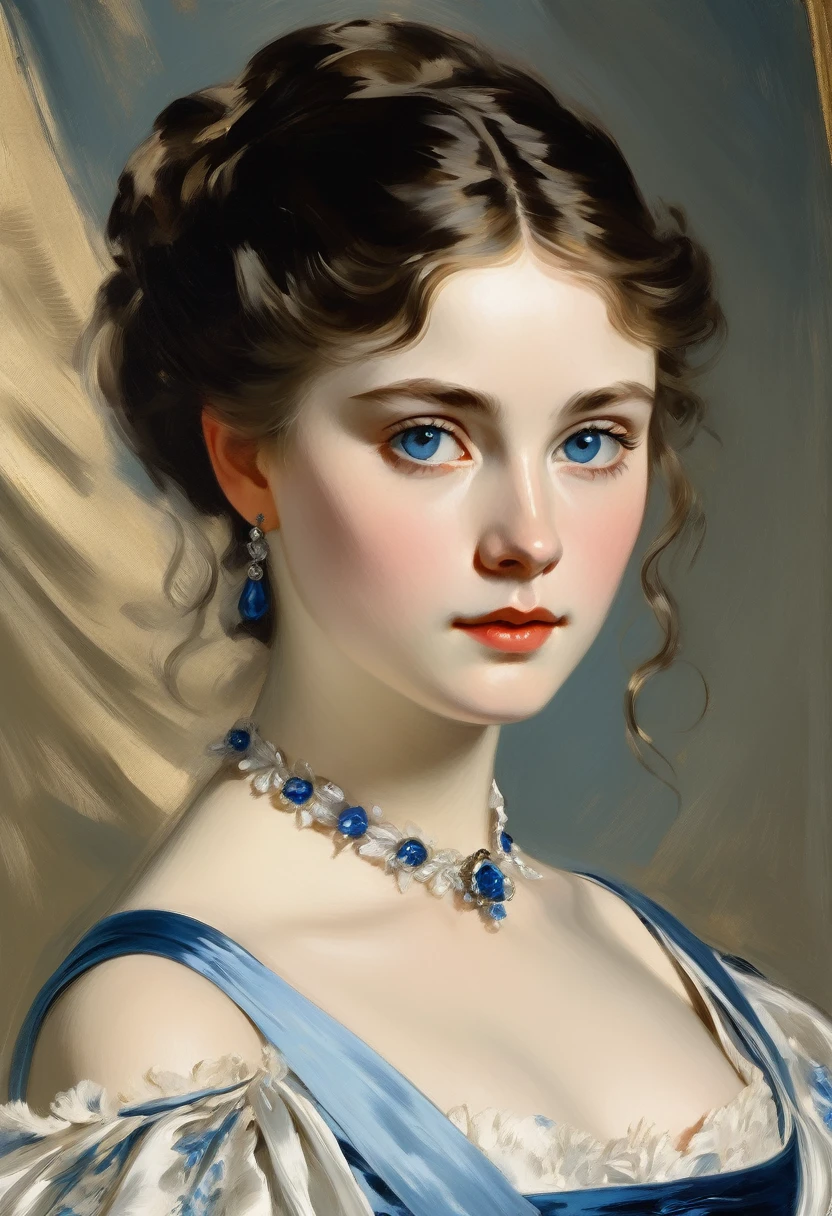 ((an attractive girl with an beautyful eyes)) , blue-white satin Evening Dress, on 19 century,
((Edouard Manet style)),((painting)), two-color lighting, Scuff gradient, Complex details, intricate, aesthetics, ((best quality, Masterpiece)),
((Highest detail)), Octane render, hd, f/2.8, 8K