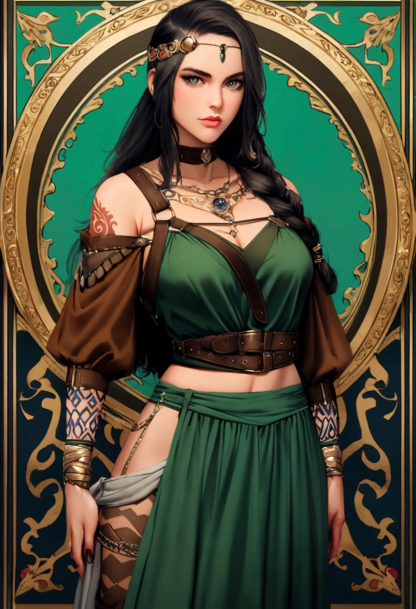 Strong and beautiful New Zealand Maori warrior woman,com roupas tacticas com tatuagens Maori, armadura medieval,
vestindo um moletom verde com a palavra NEARVIDIA no centro, segurando um escudo com o logotipo da NEARVIDIA e armas. The image is extremely realistic