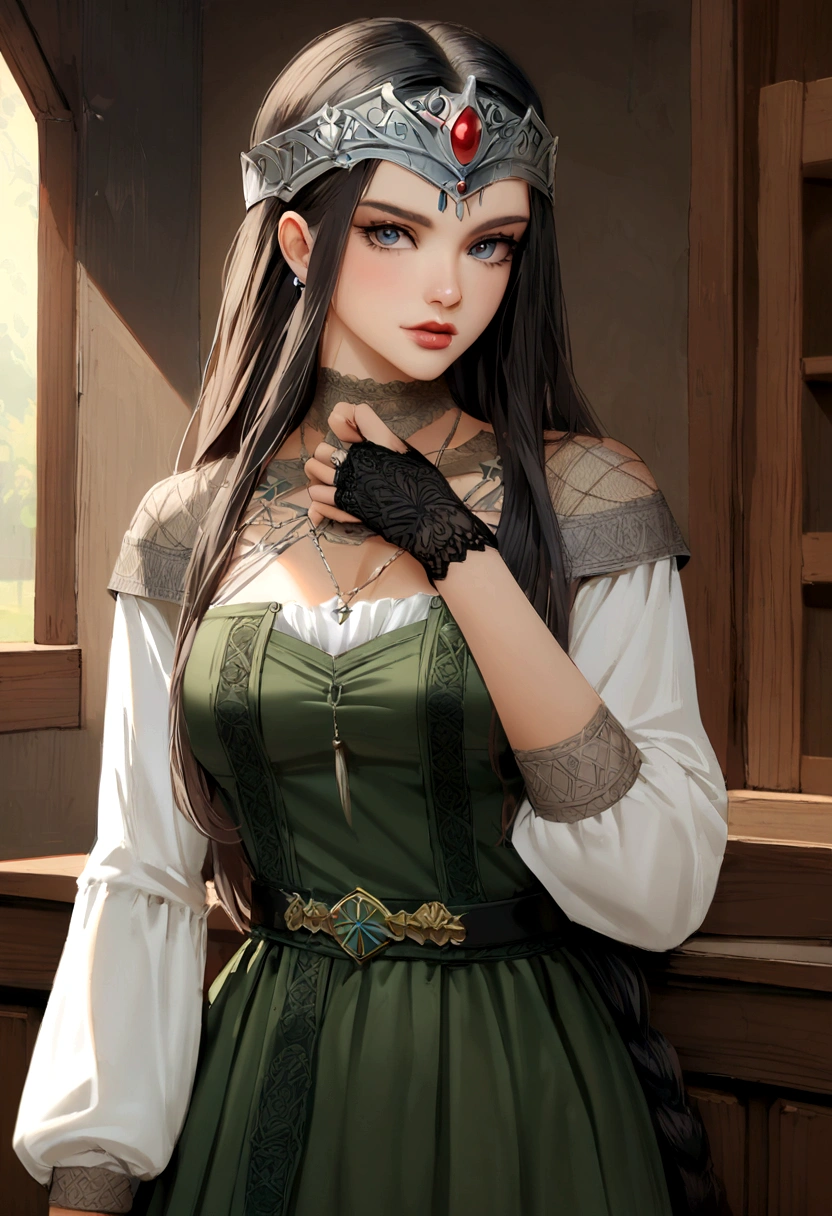 picture of european girl, beautiful drawing of the characters, jinyoung shin art, Ye Xin, artwork in the style of Gouvez, Annie Stegg Gerard, Zhang Han, Gouvez masterpiece, Gouvez, beautiful portrait, beautiful illustration, by Zeng Jing, by Tosa Mitsuoki, hair tied up in a bun, Small braids, green eyes, European national dress of a noblewoman, Middle Ages, nobility, high detail