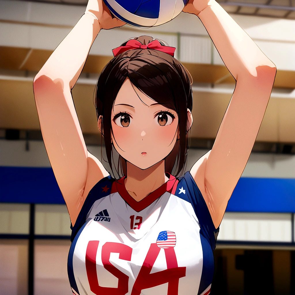 arafed asian woman holding a volleyball ball in a gym, wearing a volleyball jersey, Chiho ashima, usa volleyball, Japanese Model, Chiho, Nishimiya Shoko, volleyball, mayuri shiina, kimi takemura, 4K], 4k yen ], Yoshitomo Nara, aoshima Chiho