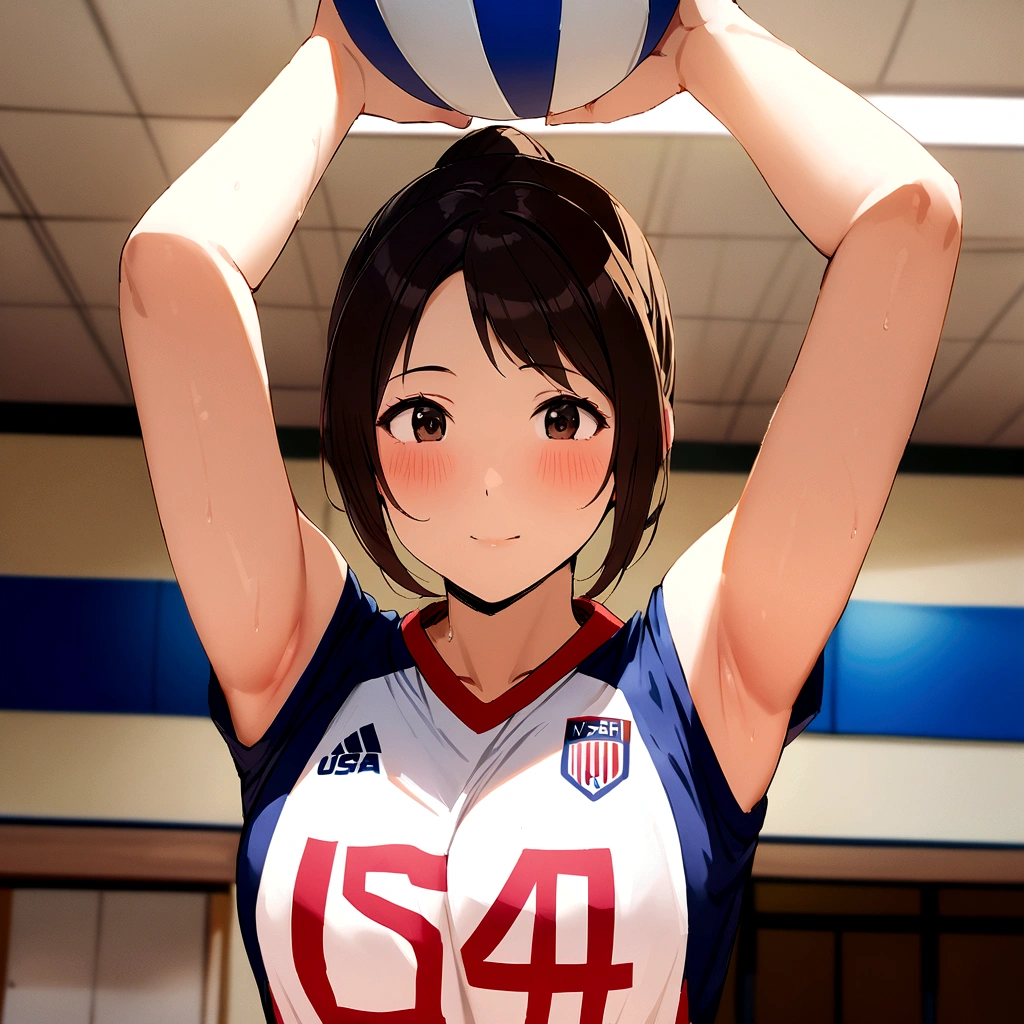 arafed asian woman holding a volleyball ball in a gym, wearing a volleyball jersey, Chiho ashima, usa volleyball, Japanese Model, Chiho, Nishimiya Shoko, volleyball, mayuri shiina, kimi takemura, 4K], 4k yen ], Yoshitomo Nara, aoshima Chiho