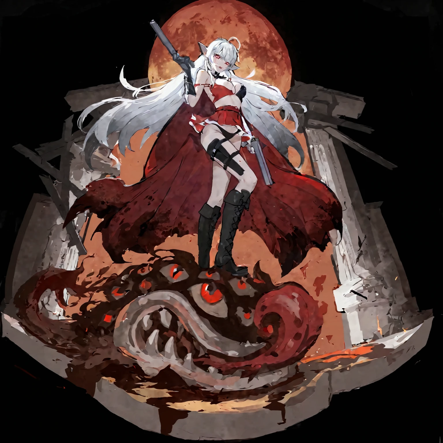 Ghost on grave with candlelight in cemetery at midnight,(vampire),Holding two guns in hand,Red miniskirt,Black boots,Holster on the leg,Beautiful face,Red eyes,Trampling the Devil,There are demons and branches on the ground,Upper Body,Pale skin,Stunning facial features,Red Eyes,(Sad and cold eyes),There are two long fangs on it,FOG,Silver short hair,blood stains at the corners of the mouth,brutal,The blood he just absorbed was flowing from the corners of his mouth..,Wear a red jacket,,night,Under the full moon,Dramatic pose, Dark and strange background,Horrible atmosphere,Gothic style,Gothic art,best quality,Highest quality,Masterpiece,8K,