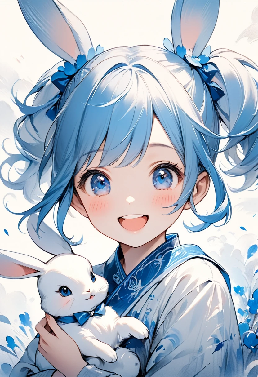 Draw a fantasy portrait in ink painting,A cute girl with blue twintails Holding a rabbit and laughing, drawn with one color of blue ink, soft brushstrokes, soft tones like pastel paintings,(High quality, high definition, 4k, 8k, :1.2)ultra-definition