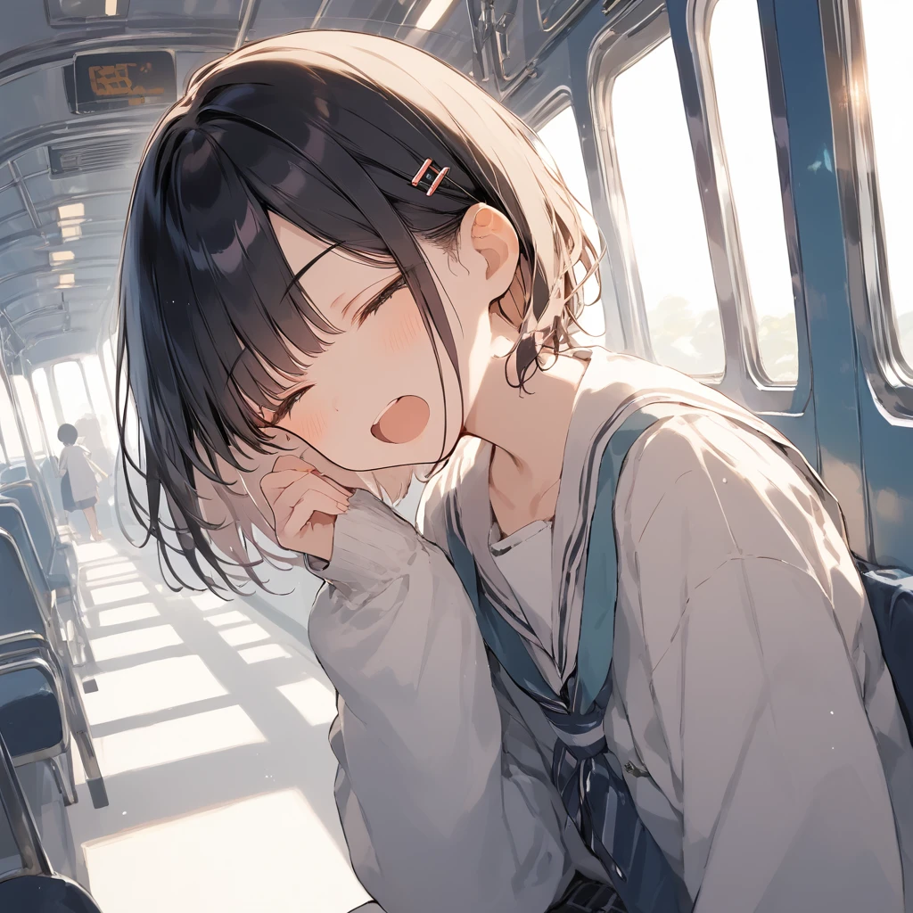 score_9, score_8_up, score_7_up, source_anime, best quality, masterpiece,ultra-detailed,official art, absurdres, highres, waifu2x, break,1girl, school girl, short hair, open mouth, (yawn:0.3), sleepily,night, train, break,(clear line illustration:1.2),very high resolution, very aesthetic, super detailed skin, Best sexual lighting powered by famous artist, 8k,ero picture,beauty illustration,photoshop_(medium),,(Detailed Lighting),

