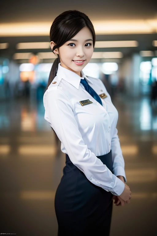 a gorgeous lady, age 21, Flight Attendant uniform, Shenzhen Airlines Stewardess，natural pose in empty airport, dimpled smile, short ponytail hair, short bob hair, cute snaggleteeth, well-endowed round bosom, photorealistic, beautiful detailed eyes, hyper-realism, high contrast, ultra HD, realistic skin textures, top image quality, top-quality, super high resolution, fine details, very meticulously, head to knees, ass focus, dark bokeh night background