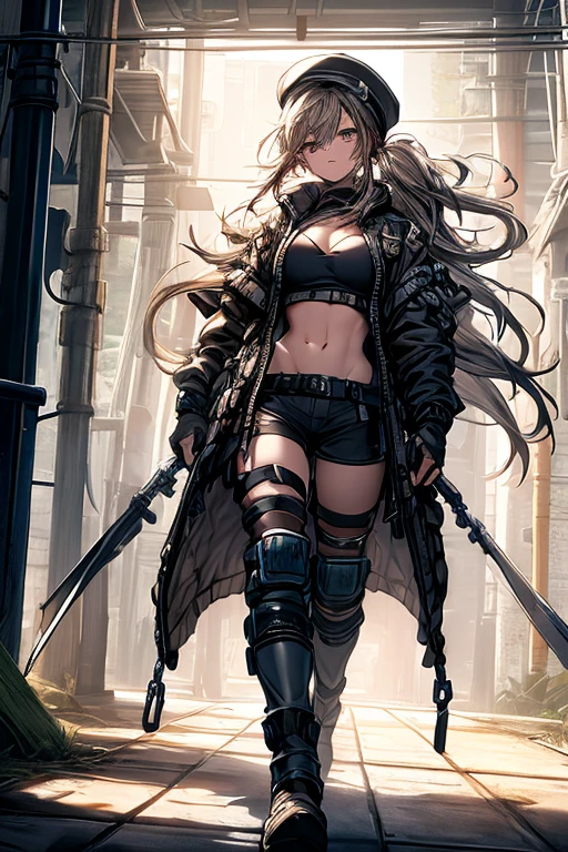 ubel,dark green hair,long hair,side ponytail,hair between eyes,bangs, BREAK (beret, black jacket, open clothes, cleavage, midriff, black shorts, black thighhighs, thigh strap, fingerless gloves, single glove:1.2), Photo,sharpness, F1.6 lens,hyper-realistic textures,spectacular light textures, Cinestil 800 Fashion Mechanics,(((Beautiful woman with left leg restrained and hung by chains))),Appearance,Beautiful girl with accentuated slender abs: 1.1,six-pack abs: 1.1, Bust Botox,Standing on tiptoe, long legs,Long brown hair fluttering in the wind,Brown hair, Long hair, Female Warrior Costume,(No panties,No bra),(tacticul battle fashion,elbow and knee tacticul battle fashion, battle glove: 1.1),((cute batre costume)),The belly comes out and the navel is visible,Thin sheer costume, combat gloves,shredded costumes,cyber long combat boots with golden knee pads,Anatomical,(futuristic sci-fi battle fashion, new elbow and knee cyberpads, new cyberlong boots, new cybergloves: 1.1),(tied perfectly by iron chain), Restraint, Slave, collars, contempt, (Chained), 4 chains hung from heaven, Metallic shackles and fetters, wet crotch clearly visible,((Hands are restrained above the head)), the neck is chained,Chain from left knee to heaven,Chained by rusty iron chains,((the tip is protruding, areolas protruding,The shape of the pubic area is clearly visible:1.2)),Sweating,Wet,Wet crotch,Wet thighs,Junkyard, Realistic, (cute, perfect clothes, skimpy clothes, cute: 1.3) ,Vast miritary base in us,((wide mirtary hospital with summer sunlight)), peeling ceilings, Rebar between, Realistic material details, Extreme details, Ultra-realistic materials,narrow waist,(with sparkling eyes and a contagious smile:0.9),looking at viewer,
