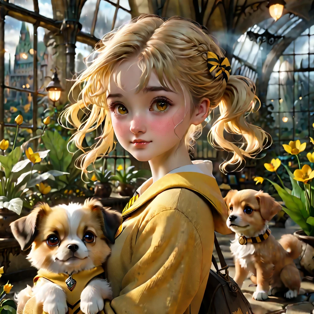 Best quality, masterpiece, Hogwarts student, Hufflepuff, short hair, high twin tails. Short golden blonde twintail hair, serious, very mischievous, cute and bright, with freckles on her face along with her cute puppy in detail. brown eyes A delicate face, beautiful skin, the background is in the Hogwarts greenhouse, soft, mysterious light, soft shadows. Detailed textures, dynamic lighting