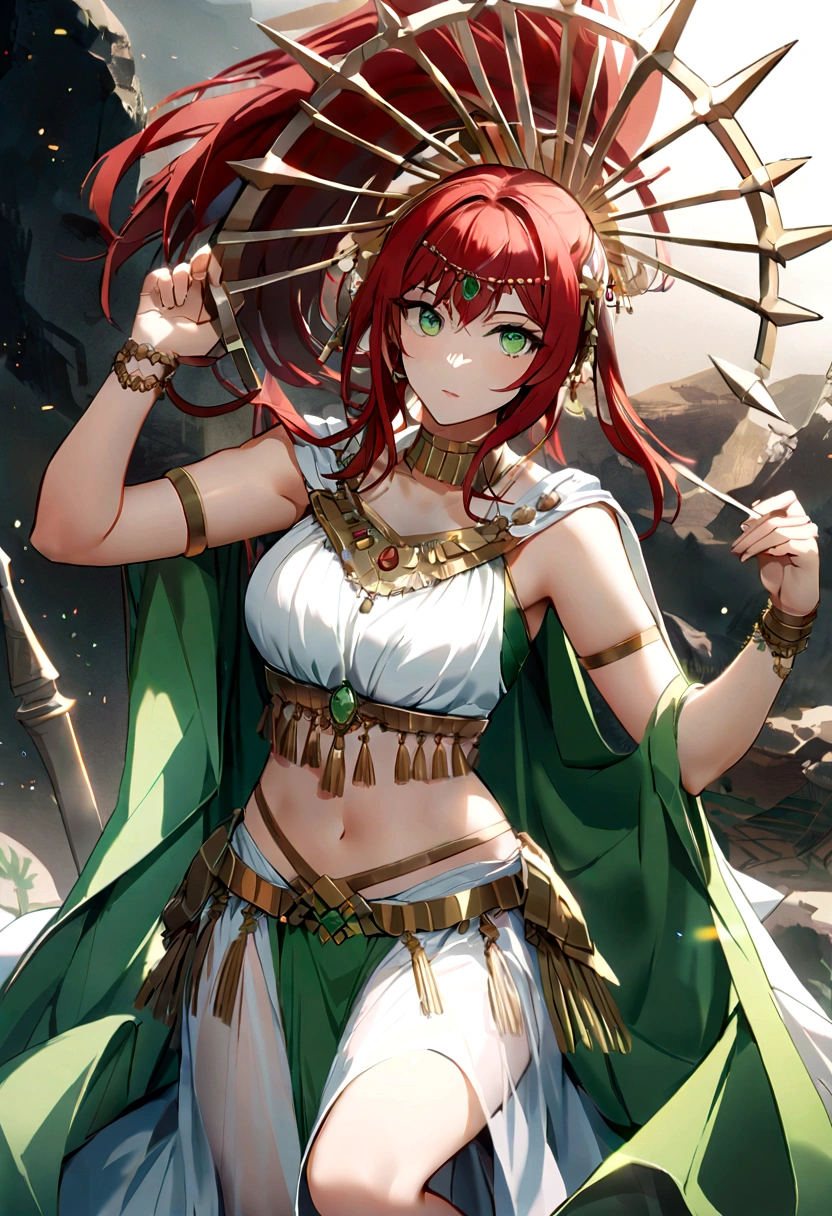 (Huang Li、high quality、Extremely detailed),Constellation - Scorpio Goddess,Similar to Latin goodness,brave,capricious,Productivity,The face of enterprising and humanitarianism,Sunset red hair,Ancient Greek costumes、See-through dress,The background is the ocean,Crystal green eyes(Eyes Details),Powerful appearance
