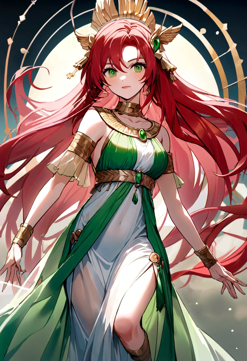 (Huang Li、high quality、Extremely detailed),Constellation - Scorpio Goddess,Similar to Latin goodness,brave,capricious,Productivity,The face of enterprising and humanitarianism,Sunset red hair,Ancient Greek costumes、See-through dress,The background is the ocean,Crystal green eyes(Eyes Details),Powerful appearance