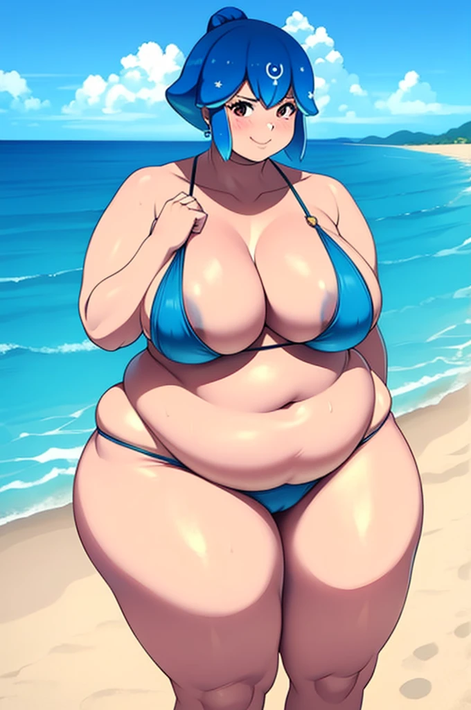 1woman, Bao, soft, curvy, wide hips, large , on the beach, beautiful one piece swimsuit. blue hair. fat belly.