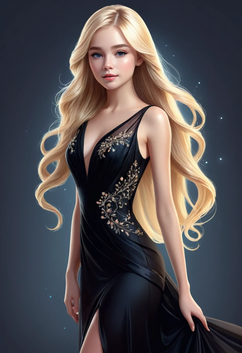 Vector graphic design of cute pretty girl with long blonde hair and perfect anatomy. Her exquisite, gorgeous and charming black evening dress, Ethereal and dreamy.,mitigate,High resolution details,best quality,
Master of ultra-detailed animation art and visual effects's works art station, Conceptual artwork anatomy correct detailed sharp focus illustration, artwork
