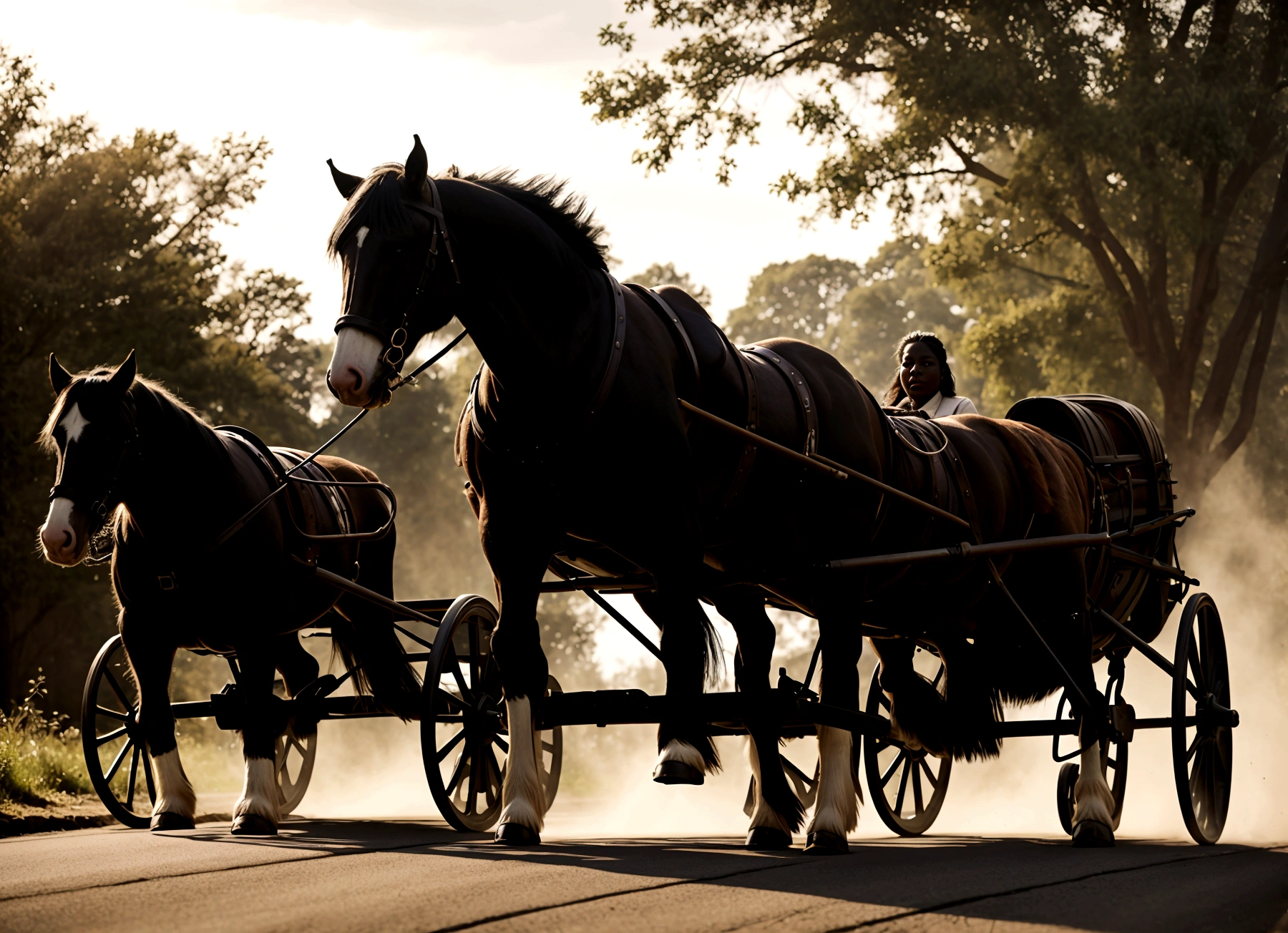 Shire horse pulling cart. full figured woman driving, very dark skinned woman.
