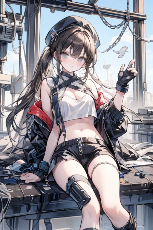 ubel,dark green hair,long hair,side ponytail,hair between eyes,bangs, BREAK (beret, black jacket, open clothes, cleavage, midriff, black shorts, black thighhighs, thigh strap, fingerless gloves, single glove:1.2), Photo,sharpness, F1.6 lens,hyper-realistic textures,spectacular light textures, Cinestil 800 Fashion Mechanics,(((Beautiful woman with left leg restrained and hung by chains))),Appearance,Beautiful girl with accentuated slender abs: 1.1,six-pack abs: 1.1, Bust Botox,Standing on tiptoe, long legs,Long brown hair fluttering in the wind,Brown hair, Long hair, Female Warrior Costume,(No panties,No bra),(tacticul battle fashion,elbow and knee tacticul battle fashion, battle glove: 1.1),((cute batre costume)),The belly comes out and the navel is visible,Thin sheer costume, combat gloves,shredded costumes,cyber long combat boots with golden knee pads,Anatomical,(futuristic sci-fi battle fashion, new elbow and knee cyberpads, new cyberlong boots, new cybergloves: 1.1),(tied perfectly by iron chain), Restraint, Slave, collars, contempt, (Chained), 4 chains hung from heaven, Metallic shackles and fetters, wet crotch clearly visible,((Hands are restrained above the head)), the neck is chained,Chain from left knee to heaven,Chained by rusty iron chains,((the tip is protruding, areolas protruding,The shape of the pubic area is clearly visible:1.2)),Sweating,Wet,Wet crotch,Wet thighs,Junkyard, Realistic, (cute, perfect clothes, skimpy clothes, cute: 1.3) ,Vast miritary base in us,((wide mirtary hospital with summer sunlight)), peeling ceilings, Rebar between, Realistic material details, Extreme details, Ultra-realistic materials,narrow waist,(with sparkling eyes and a contagious smile:0.9),looking at viewer,