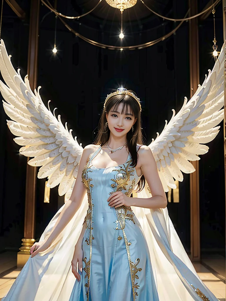 ((Very beautiful angel queen,The final form as a perfect angel, the masterpiece of an angel,Huge and intricate angel wings,The most dignified wings,Golden light,shining background,The most opulent and holy temple background,White and gold temple background,King of Angels, The most dignified angel, ((extremely detailed beautiful dresses)), (Intricate and solemn dresses, Light blue and gold embellishment dress on white, Light blue and gold dress on white base), (The most intricate and beautiful dresses, dresses decorated with some expensive jewels), ((extremely detailed gorgeous jeweled necklace)), Complex and majestic angel figure, The most intricately depicted figure of an angel, The World's Most Beautiful, Unimaginable beauties, (slim figure, attractive body shape, divine atmosphere), (smooth thin hair very fluttering in the wind, shiny hair), Intricate reproduction of the perfect angelic detail, The figure of an unimaginably gorgeous angel, The figure of an unimaginably huge angel)),((Most beautiful face, Half Japan and half Spanish, The biggest happy smile, The most luxurious and intricate dresses, The biggest smile looking at the camera)), Beautiful firm cleavage, beautiful clavicle, (Beautiful firm medium breasts), (Elegant standing figure, Fold your hands in front of your navel,)),Chest that seems to burst, Giant wings of angels, The background is the appearance of a perfect angel castle,Masterpiece,8K,very intricate, ultra detailliart, captivating and visually stunning piece of fractal art featuring, created by a renowned artist, vibrant colors. Formal artistic quality with strong aesthetic appeal.
