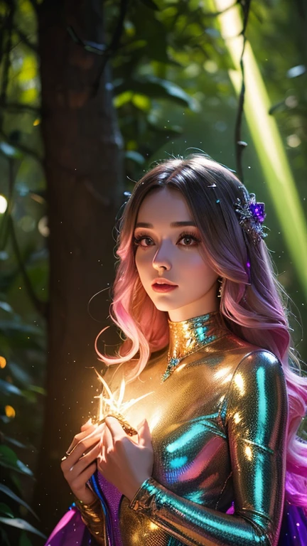 A beautiful woman in metallic jumpsuit with colorful magical, in the magical forest, with glowing lights and crystals, cinematic lighting, bokeh effect, hyper realistic, detailed, fantasy ,medium long shot