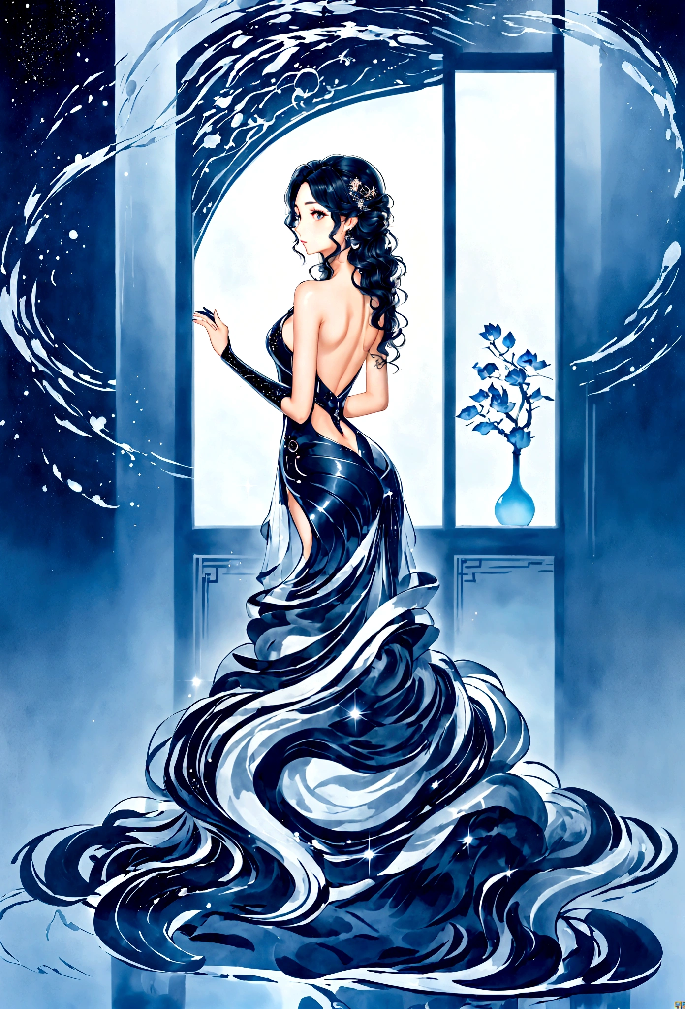 (masterpiece, best quality:1.2),Wavy hair secretary，solitary,Exquisite eyes,Fine black hair，( Smooth skin:1.2)( Wear a gorgeous and sparkling evening gown:1.2)， Slender body proportions，Back，Gorgeous room