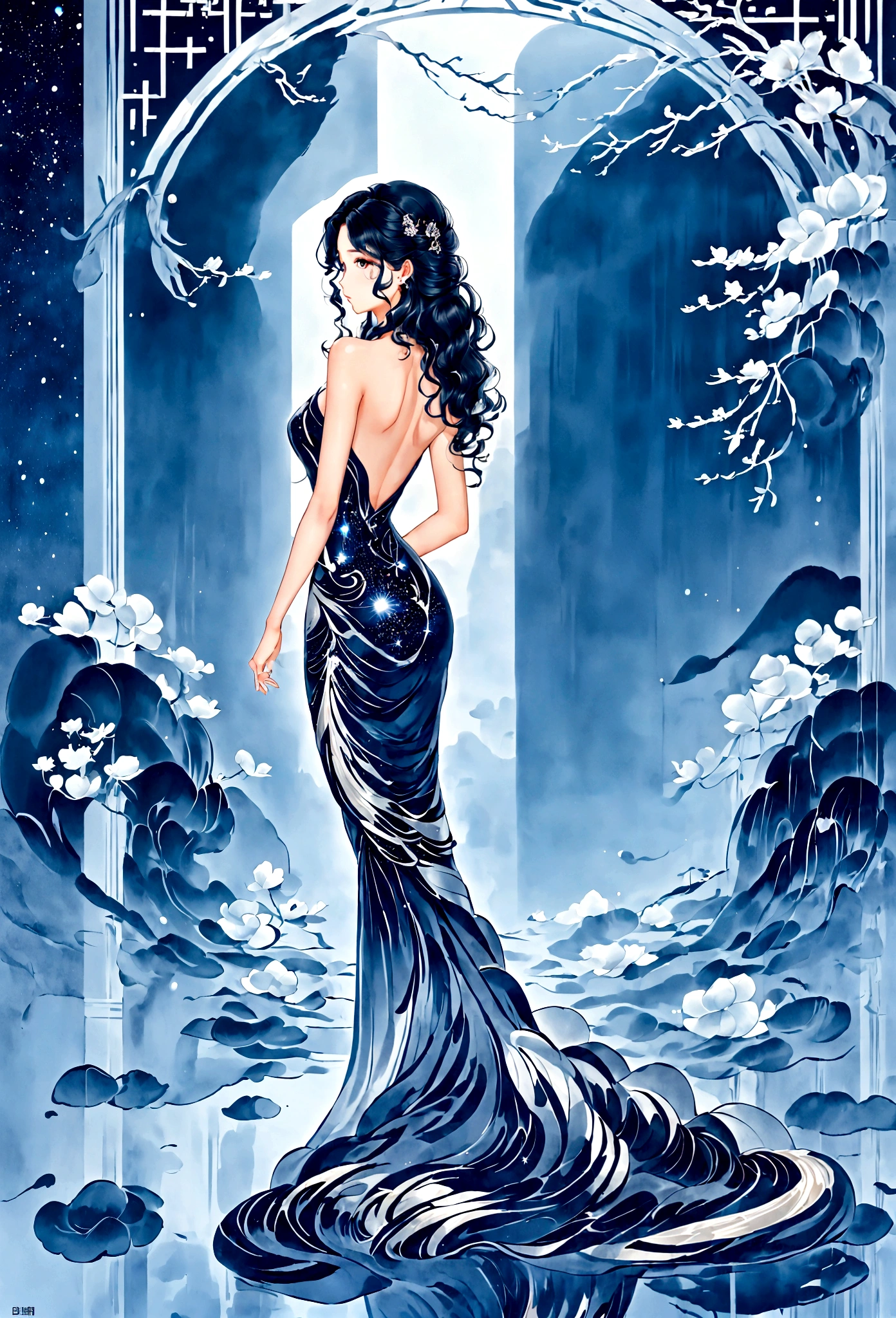 (masterpiece, best quality:1.2),Wavy hair secretary，solitary,Exquisite eyes,Fine black hair，( Smooth skin:1.2)( Wear a gorgeous and sparkling evening gown:1.2)， Slender body proportions，Back，Gorgeous room