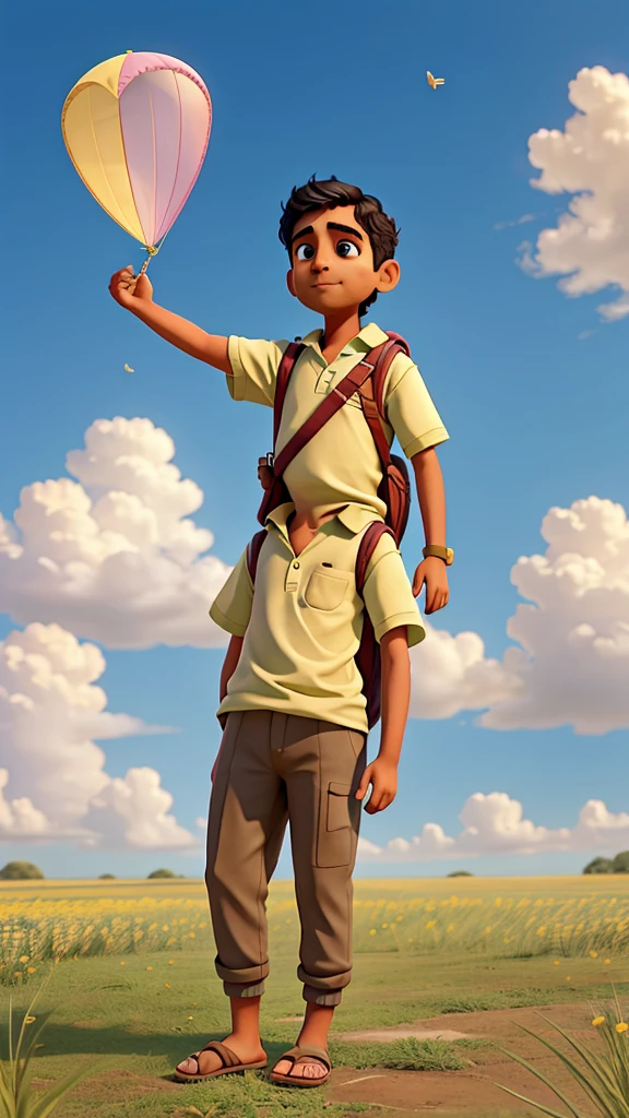 Raju reaches the edge of the field, where a gentle breeze is blowing. He prepares to fly a kite.