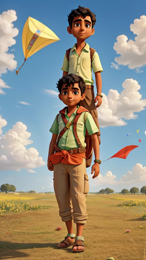 Raju reaches the edge of the field, where a gentle breeze is blowing. He prepares to fly a kite.